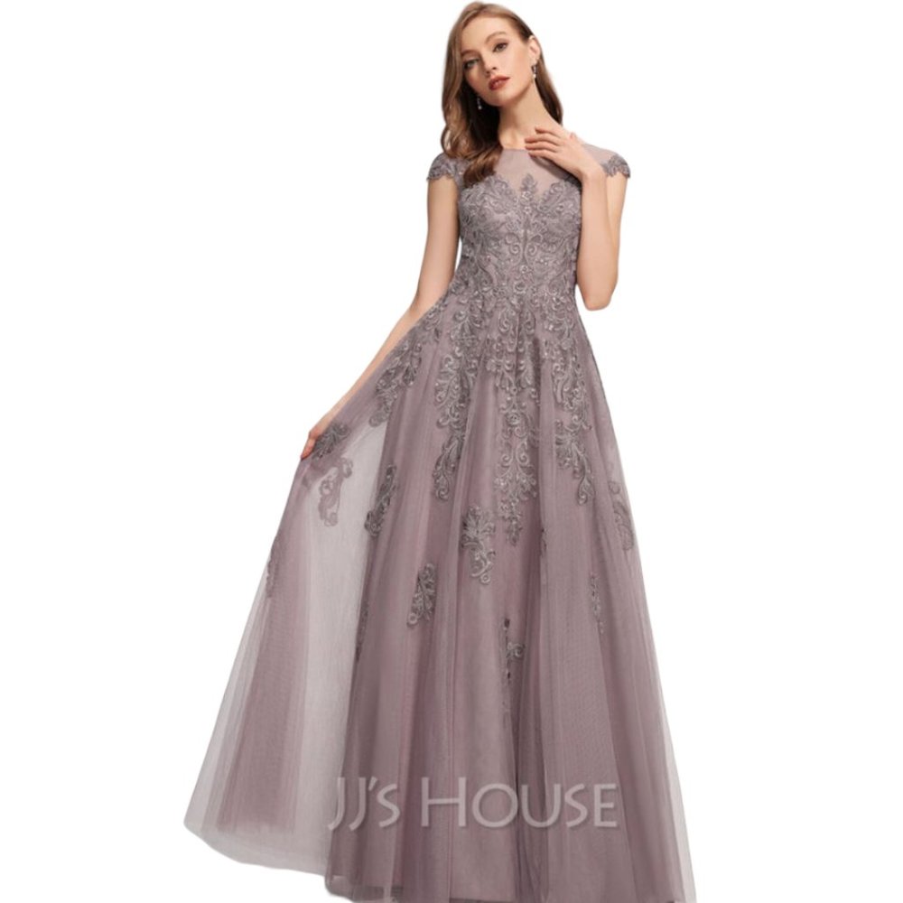 NWT JJ'S House A-Line Scoop Neck Floor-Length Tulle Lace Evening Dress W/Sequins - Picture 3 of 8
